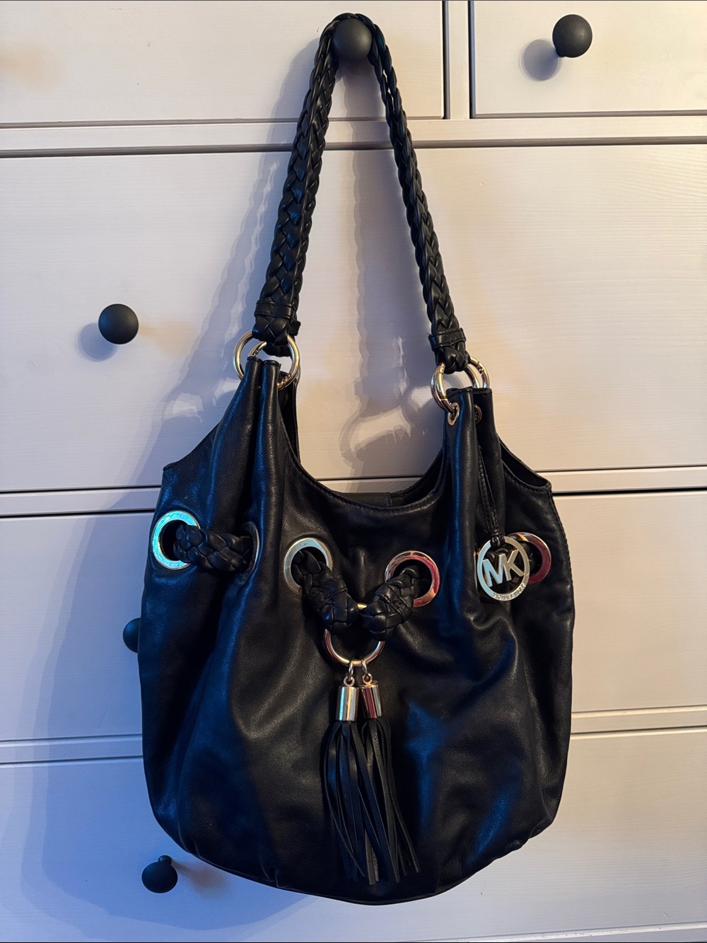 Michael Kors Black Leather Shoulder Bag with Braided Handles and Tassel